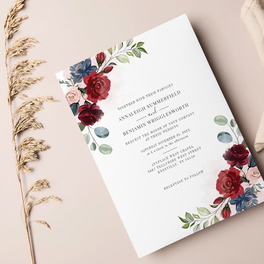 Floral Burgundy Waterverf Greenery Wedding Kaart