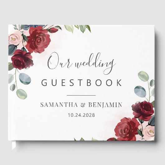 Floral Burgundy Waterverf Wedding Gastenboek (Voorkant)