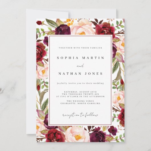 Floral Burgundy Waterverf Wedding Kaart (Voorkant)
