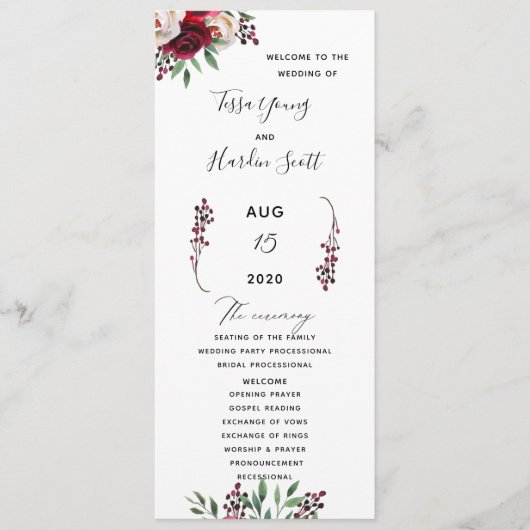 Floral Burgundy Wedding Flat Program Programmakaart (Voorkant)