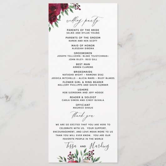 Floral Burgundy Wedding Flat Program Programmakaart (Achterkant)