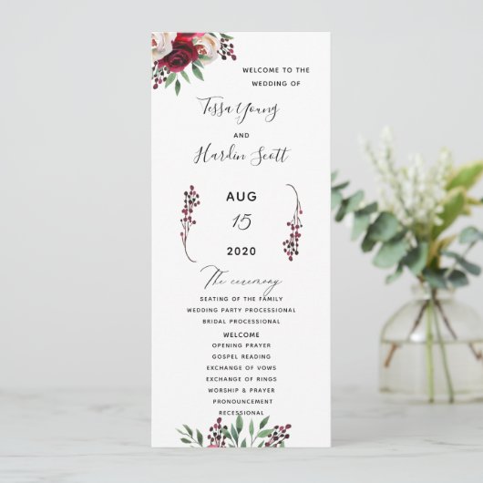 Floral Burgundy Wedding Flat Program Programmakaart (Staand voorkant)