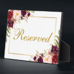 Floral Burgundy Wedding Gereserveerd 5x7 Tabel Fotoplaat<br><div class="desc">Waterverf Floral Burgundy Marsala Gold Wedding Gereserveerd 5x7 Tafel Plaque</div>