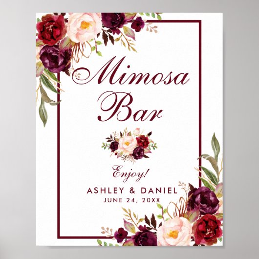 Floral Burgundy Wedding Mimosa Bar Poster (Voorkant)