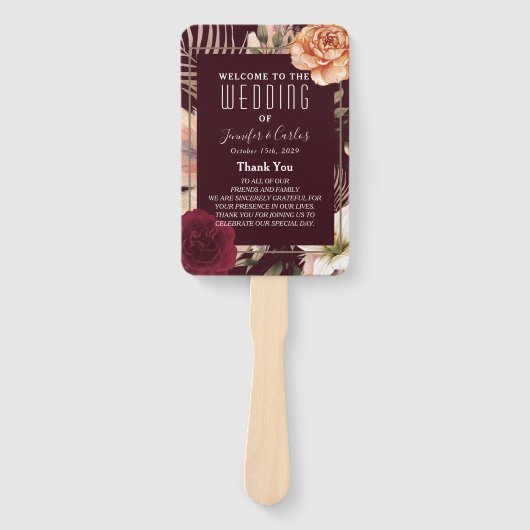 Floral Burgundy Wedding Programme Hand Fan Handwaaier (Voorkant)