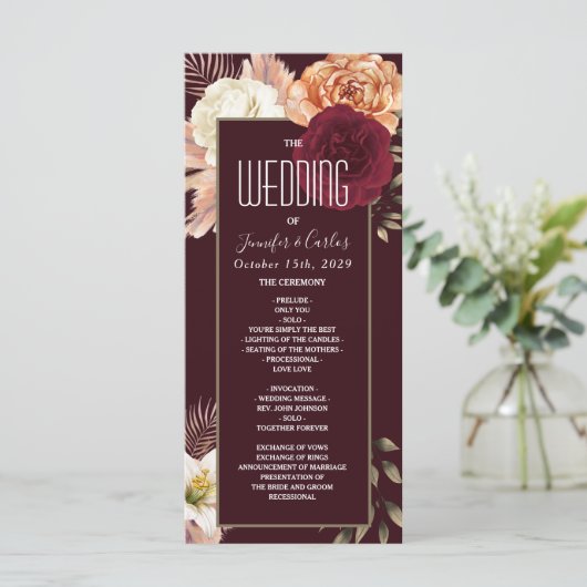 Floral Burgundy Wedding Programme Programmakaart (Staand voorkant)
