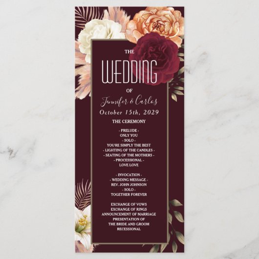 Floral Burgundy Wedding Programme Programmakaart (Voorkant)