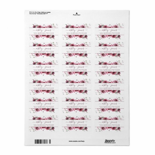 Floral Burgundy Wedding Return Address Etiket (Full Sheet)
