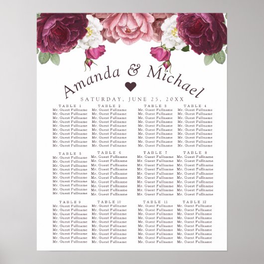 Floral Burgundy Wedding Seating Chart Poster (Voorkant)