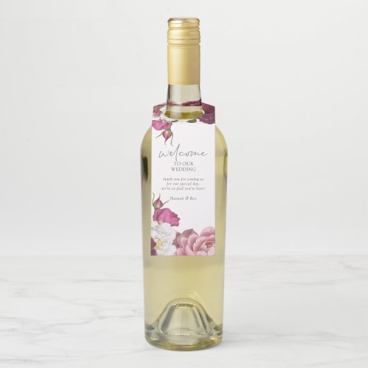 Floral Burgundy Wedding Welcome Flessenhanger (Op fles)