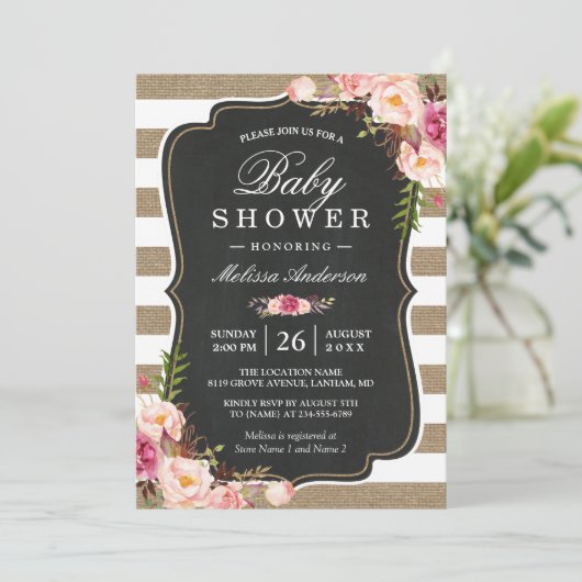 Floral Burlap Stripes Rustic Shabby Baby shower Kaart (Staand voorkant)