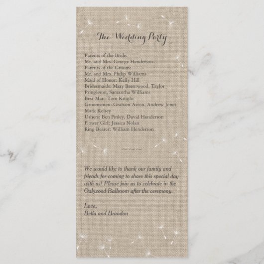Floral Burlap Wedding Programme Programmakaart (Achterkant)