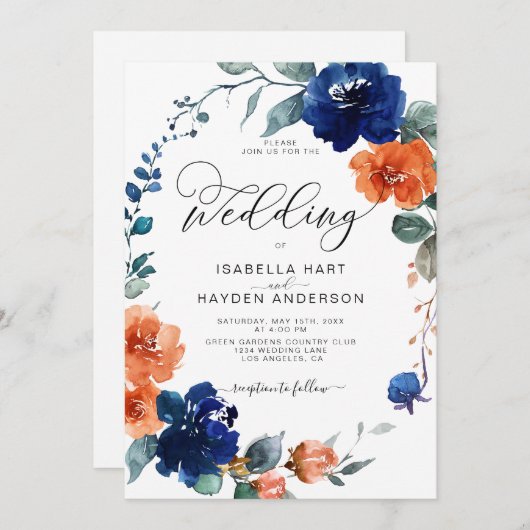 Floral Burnt Oranje Navy Rust Waterverf Weddenscha Kaart (Voorkant / Achterkant)