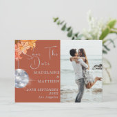 Floral Burnt Sinaasappel Disco Save The Date Weddi (Staand voorkant)