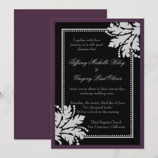 Floral Burst Wedding Invite Metallic (Eggplant) Kaart (Voorkant / Achterkant)