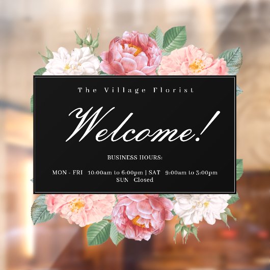 Floral Business Openingstijden Welkom, zwart, aang Raamsticker (Vel 2)