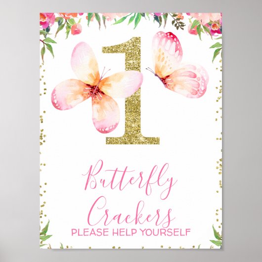 Floral Butterflies Gold Glitter 1e verjaardag Poster (Voorkant)