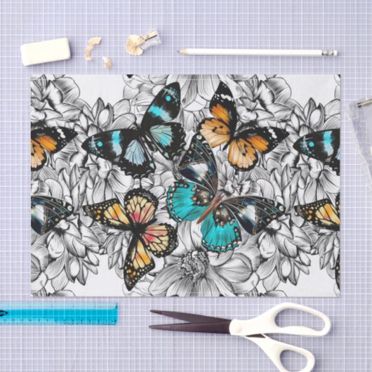 Floral Butterflies kleurig schetspatroon Tissuepapier (Craft)