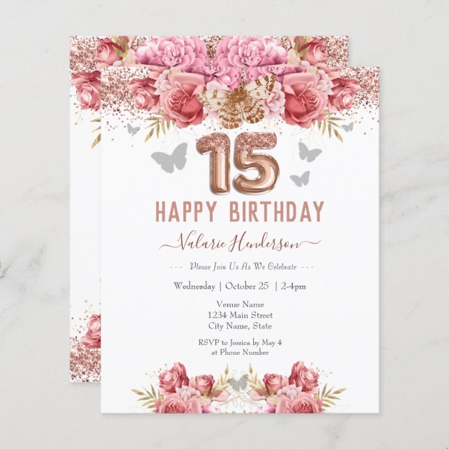 Floral Butterflies Pink Happy 15th Birthday (Voorkant / Achterkant)