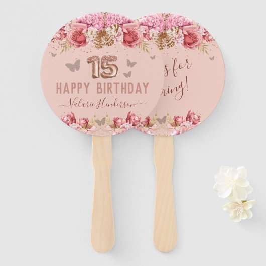 Floral Butterflies Pink Happy 15th Birthday Handwaaier (Voorkant en achterkant)