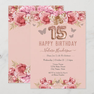 Floral Butterflies Pink Happy 15th Birthday Invita Kaart