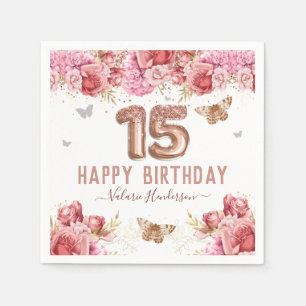 Floral Butterflies Pink Happy 15th Birthday Napkin Servet