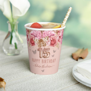 Floral Butterflies Pink Happy 15th Birthday Papieren Bekers