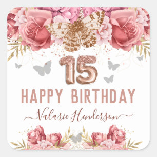 Floral Butterflies Pink Happy 15th Birthday Squar Vierkante Sticker