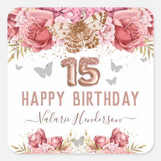 Floral Butterflies Pink Happy 15th Birthday Squar Vierkante Sticker (Voorkant)
