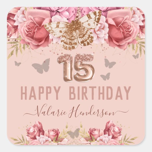 Floral Butterflies Pink Happy 15th Birthday Vierkante Sticker (Voorkant)