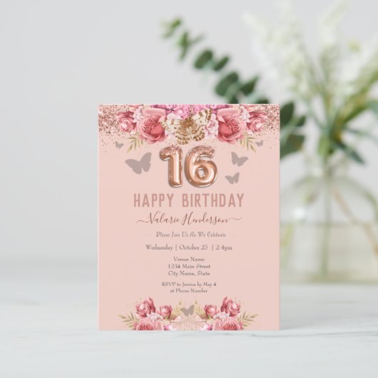 Floral Butterflies Pink Happy 16th Birthday (Staand voorkant)