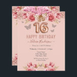 Floral Butterflies Pink Happy 16th Birthday<br><div class="desc">Meisjes glitter,  milleniumroze achtergrond,  met fancy manuscriptnaam typografie. Faux roos gold 16 ballontekst. Roze en vlinderbovengrens. Geweldig voor 16 mooie feestjes.</div>