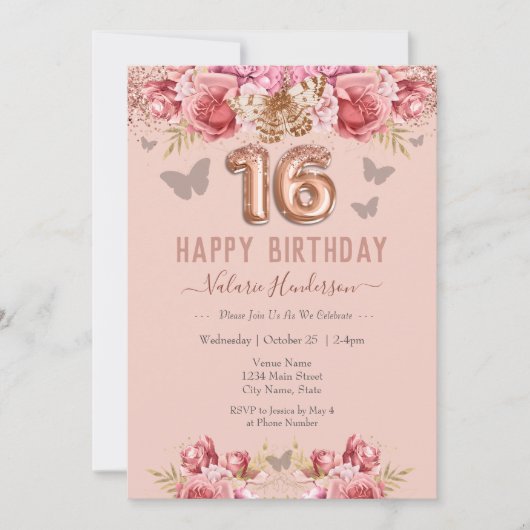 Floral Butterflies Pink Happy 16th Birthday (Voorkant)
