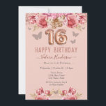 Floral Butterflies Pink Happy 16th Birthday<br><div class="desc">Meisjes glitter,  milleniumroze achtergrond,  met fancy manuscriptnaam typografie. Faux roos gold 16 ballontekst. Roze en vlinderbovengrens. Geweldig voor 16 mooie feestjes.</div>