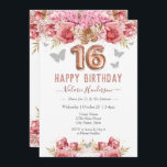 Floral Butterflies Pink Happy 16th Birthday<br><div class="desc">Meisjes glitter,  milleniumroze achtergrond,  met fancy manuscriptnaam typografie. Faux roos gold 16 ballontekst. Roze en vlinderbovengrens. Geweldig voor 16 mooie feestjes.</div>