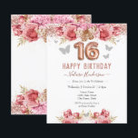 Floral Butterflies Pink Happy 16th Birthday<br><div class="desc">Meisjes glitter met fancy scriptnaam typografie. Faux roos gold 16 ballontekst. Roze en vlinderbovengrens. Geweldig voor 16 mooie feestjes.</div>