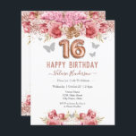 Floral Butterflies Pink Happy 16th Birthday<br><div class="desc">Meisjes glitter met fancy scriptnaam typografie. Faux roos gold 16 ballontekst. Roze en vlinderbovengrens. Geweldig voor 16 mooie feestjes.</div>
