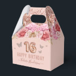 Floral Butterflies Pink Happy 16th Birthday Bedankdoosjes<br><div class="desc">Meisjes glitter,  milleniumroze achtergrond,  met fancy manuscriptnaam typografie. Faux roos gold 16 ballontekst. Roze en vlinderbovengrens. Geweldig voor 16 mooie feestjes.</div>