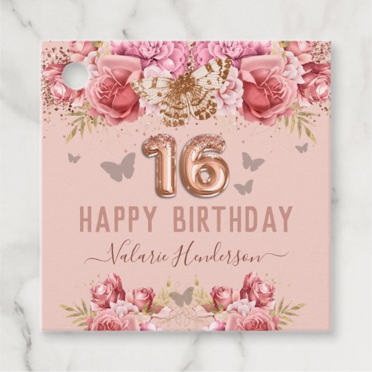 Floral Butterflies Pink Happy 16th Birthday Bedankjes Labels (Voorkant)