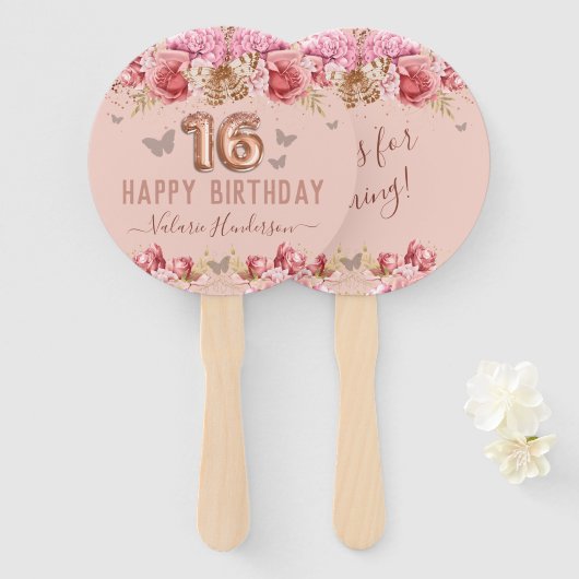Floral Butterflies Pink Happy 16th Birthday Handwaaier (Voorkant en achterkant)