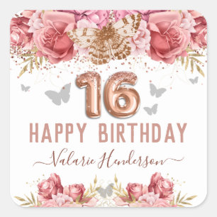 Floral Butterflies Pink Happy 16th Birthday Square Vierkante Sticker