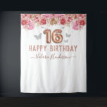 Floral Butterflies Pink Happy 16th Birthday Tapest Wandkleed<br><div class="desc">Meisjes glitter met fancy scriptnaam typografie. Faux roos gold 16 ballontekst. Roze en vlinderbovengrens. Geweldig voor Sweet 16 feestjes.</div>