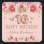 Floral Butterflies Pink Happy 16th Birthday Vierkante Sticker<br><div class="desc">Meisjes glitter,  milleniumroze achtergrond,  met fancy manuscriptnaam typografie. Faux roos gold 16 ballontekst. Roze en vlinderbovengrens. Geweldig voor Sweet 16 feestjes.</div>