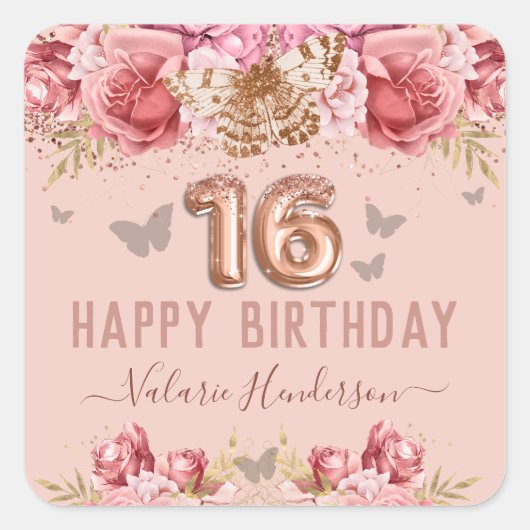 Floral Butterflies Pink Happy 16th Birthday Vierkante Sticker (Voorkant)