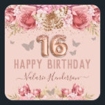 Floral Butterflies Pink Happy 16th Birthday Vierkante Sticker<br><div class="desc">Meisjes glitter,  milleniumroze achtergrond,  met fancy manuscriptnaam typografie. Faux roos gold 16 ballontekst. Roze en vlinderbovengrens. Geweldig voor Sweet 16 feestjes.</div>