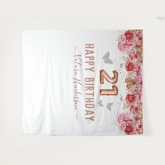 Floral Butterflies Pink Happy 21st Birthday Tapest Wandkleed (Voorkant (horizontaal))