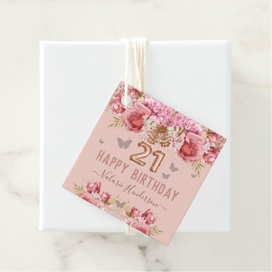 Floral Butterflies Pink Happy 21ste verjaardag Bedankjes Labels (In situ)