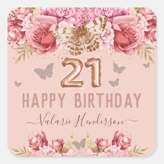 Floral Butterflies Pink Happy 21ste verjaardag Vierkante Sticker (Voorkant)
