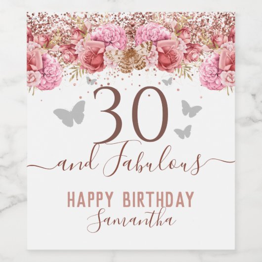 Floral Butterflies Pink Happy 30th Birthday Wijn Etiket (Enkel label)