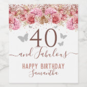Floral Butterflies Pink Happy 40th Birthday Wijn Etiket (Enkel label)